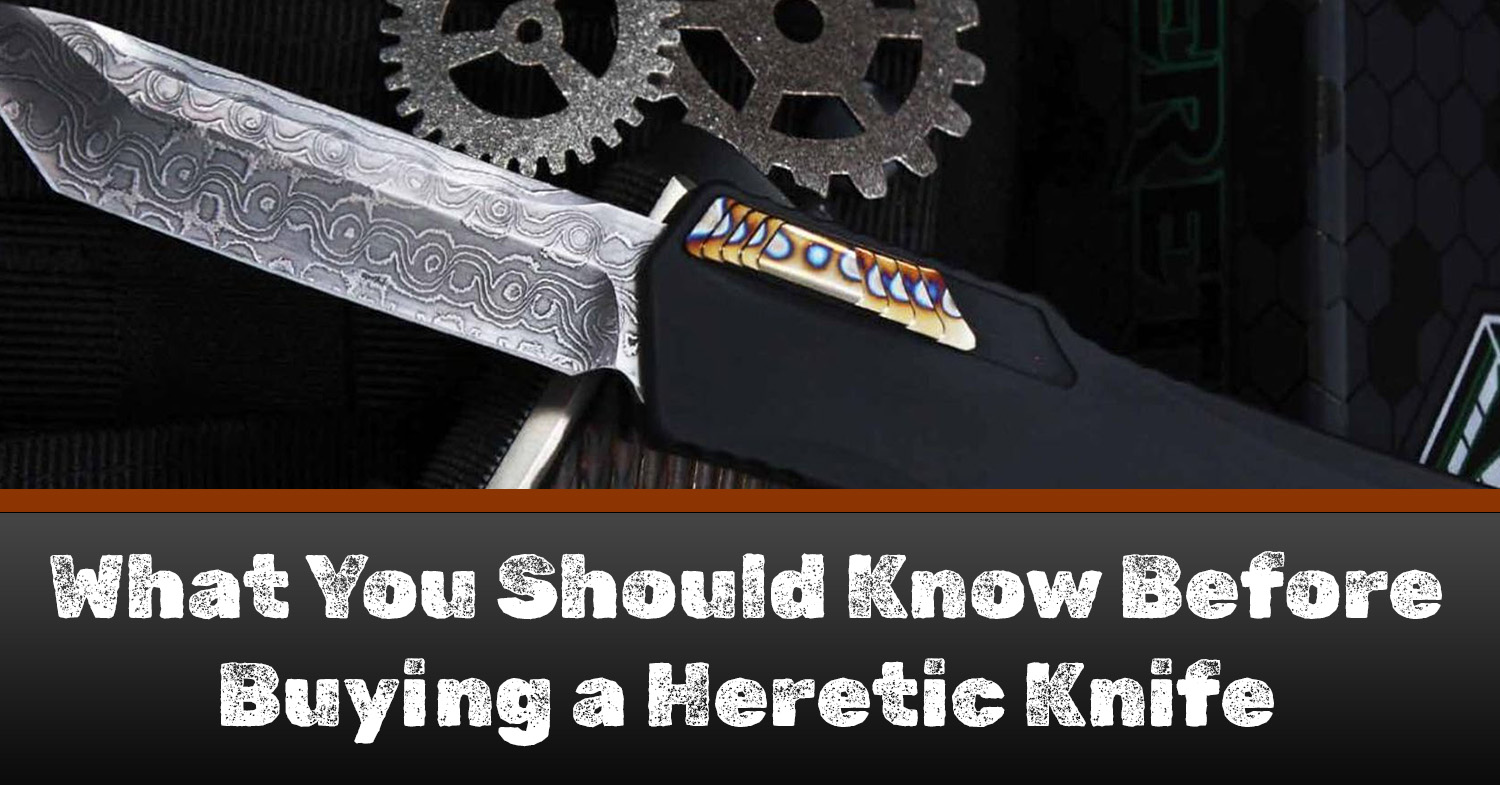 A Heretic knife sitting on a black table on top of loose cogs.