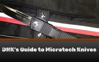 A Microtech Knives Makora knive on a backpack.