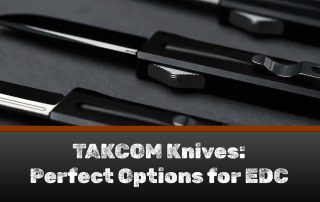 TAKOM Knives lined up on a grey table.